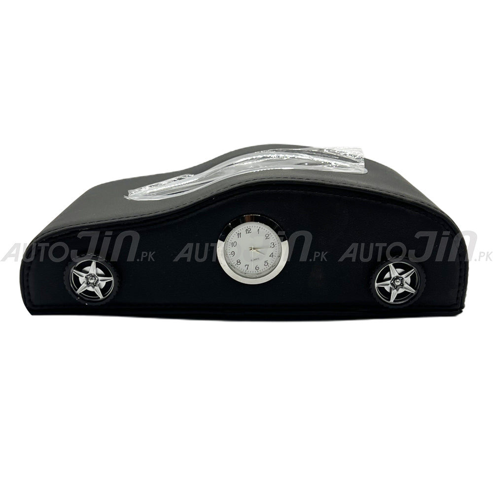 Exclusive Car-Shape Leather Tissue Box With Clock Black